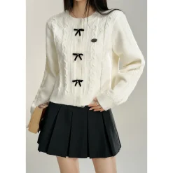 MacyMccoy Color Blocked Bow Twist Knit Cardigan White