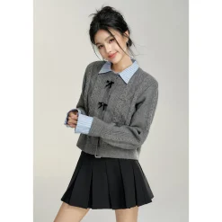 MacyMccoy Color Blocked Bow Twist Knit Cardigan Gray