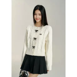 MacyMccoy Color Blocked Bow Twist Knit Cardigan White