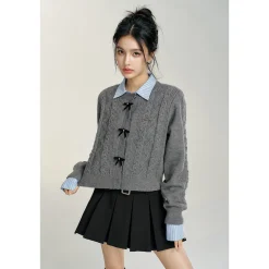 MacyMccoy Color Blocked Bow Twist Knit Cardigan Gray