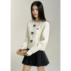 MacyMccoy Color Blocked Bow Twist Knit Cardigan White
