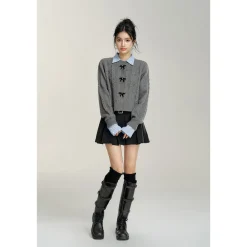 MacyMccoy Color Blocked Bow Twist Knit Cardigan Gray