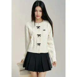 MacyMccoy Color Blocked Bow Twist Knit Cardigan White