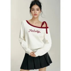 MacyMccoy Color Blocked Lace Up Off-Shoulder Sweater White