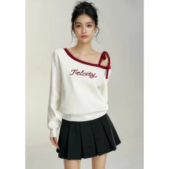 MacyMccoy Color Blocked Lace Up Off-Shoulder Sweater White