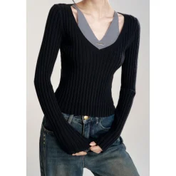 MacyMccoy Fake-2-Piece Cut Out Slim Knit Top Black