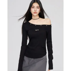 MacyMccoy Irregular Diagonal Shoulder Sparkly Silk Knit Top Black