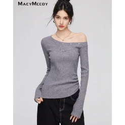 MacyMccoy Irregular Diagonal Shoulder Sparkly Silk Knit Top Gray