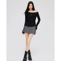 MacyMccoy Irregular Diagonal Shoulder Sparkly Silk Knit Top Black