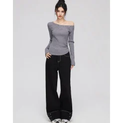 MacyMccoy Irregular Diagonal Shoulder Sparkly Silk Knit Top Gray