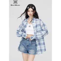 MacyMccoy Plaid Letter Embroidered Shirt Blue