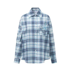 MacyMccoy Plaid Letter Embroidered Shirt Blue