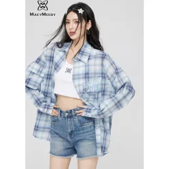 MacyMccoy Plaid Letter Embroidered Shirt Blue