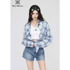 MacyMccoy Plaid Letter Embroidered Shirt Blue