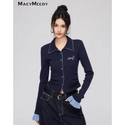 MacyMccoy Plaid Patchwork Polo Collar Knit Top Navy Blue
