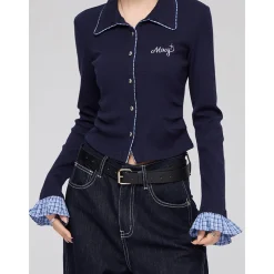 MacyMccoy Plaid Patchwork Polo Collar Knit Top Navy Blue