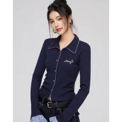 MacyMccoy Plaid Patchwork Polo Collar Knit Top Navy Blue