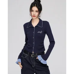 MacyMccoy Plaid Patchwork Polo Collar Knit Top Navy Blue