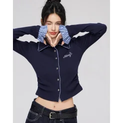 MacyMccoy Plaid Patchwork Polo Collar Knit Top Navy Blue