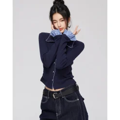 MacyMccoy Plaid Patchwork Polo Collar Knit Top Navy Blue