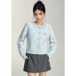 MacyMccoy Sparkly Drill Diamond Checked Cardigan Blue