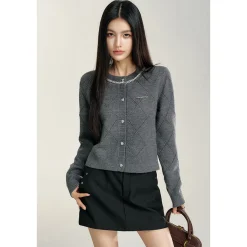 MacyMccoy Sparkly Drill Diamond Checked Cardigan Gray