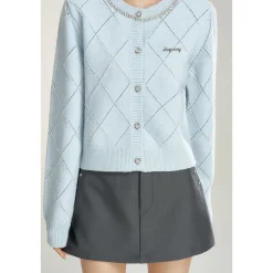 MacyMccoy Sparkly Drill Diamond Checked Cardigan Blue