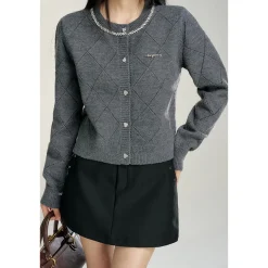 MacyMccoy Sparkly Drill Diamond Checked Cardigan Gray