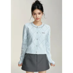 MacyMccoy Sparkly Drill Diamond Checked Cardigan Blue