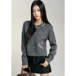 MacyMccoy Sparkly Drill Diamond Checked Cardigan Gray