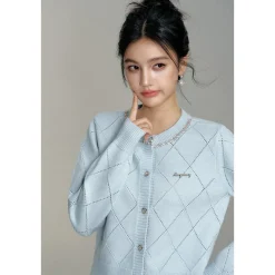 MacyMccoy Sparkly Drill Diamond Checked Cardigan Blue