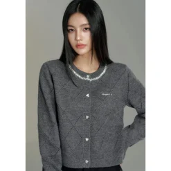 MacyMccoy Sparkly Drill Diamond Checked Cardigan Gray