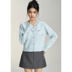 MacyMccoy Sparkly Drill Diamond Checked Cardigan Blue
