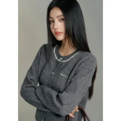 MacyMccoy Sparkly Drill Diamond Checked Cardigan Gray