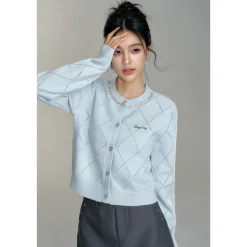 MacyMccoy Sparkly Drill Diamond Checked Cardigan Blue