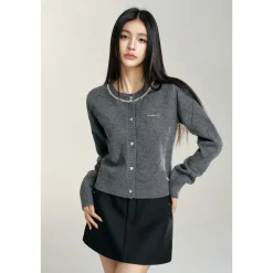 MacyMccoy Sparkly Drill Diamond Checked Cardigan Gray