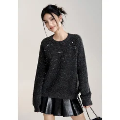 MacyMccoy Sparkly Sequin Casual Knit Sweater Gray