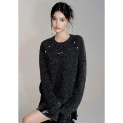 MacyMccoy Sparkly Sequin Casual Knit Sweater Gray