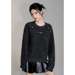MacyMccoy Sparkly Sequin Casual Knit Sweater Gray