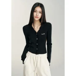 MacyMccoy V-Neck Raw Edge Slim Knit Cardigan Top Black