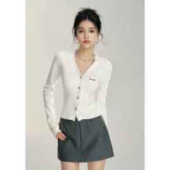 MacyMccoy V-Neck Raw Edge Slim Knit Cardigan Top White