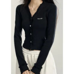 MacyMccoy V-Neck Raw Edge Slim Knit Cardigan Top Black