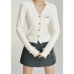 MacyMccoy V-Neck Raw Edge Slim Knit Cardigan Top White