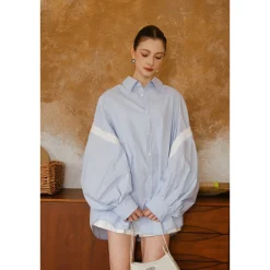 Marc Moore Color Blocked Patchwork Oversized Lantern Sleeve Shirt Blue
