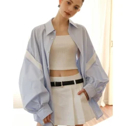 Marc Moore Color Blocked Patchwork Oversized Lantern Sleeve Shirt Blue