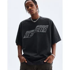 MEDM Embroidered Frayed Letter Tee Washed Black