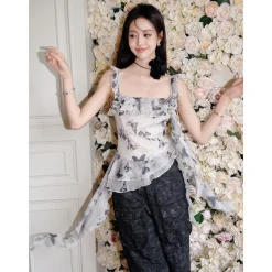 MeliMosa Butterfly Printed Ribbon Chiffon Top