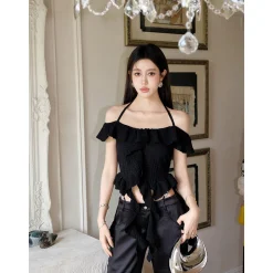 MeliMosa Irregularly Hem Ruffled Halter Top Black