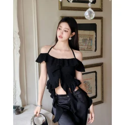 MeliMosa Irregularly Hem Ruffled Halter Top Black