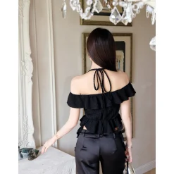 MeliMosa Irregularly Hem Ruffled Halter Top Black